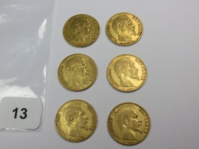 Monnaies or - Lot de 6 x 20 Francs Napoléon...