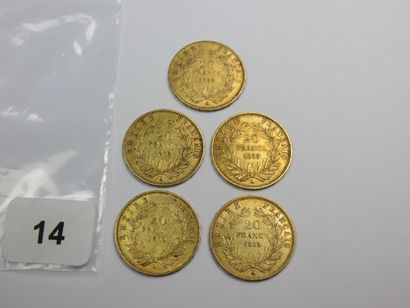 Monnaies or - Lot de 5 x 20 Francs Napoléon...