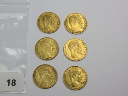 Monnaies or - Lot de 6 x 20 Francs Napoléon...