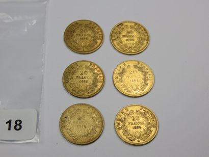 Monnaies or - Lot de 6 x 20 Francs Napoléon...