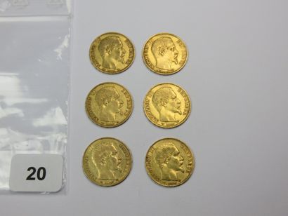 Monnaies or - Lot de 6 x 20 Francs Napoléon...