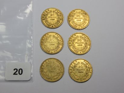 Monnaies or - Lot de 6 x 20 Francs Napoléon...