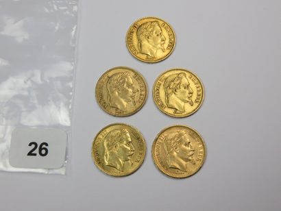 Monnaies or - Lot de 5 x 20 Francs Napoléon...