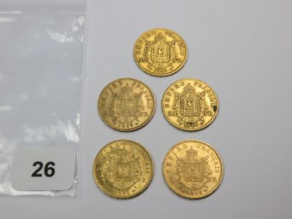 Monnaies or - Lot de 5 x 20 Francs Napoléon...