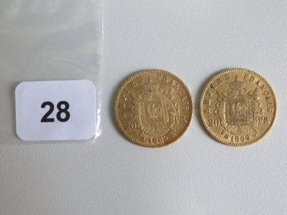 Monnaies or - Lot de 2 x 20 Francs Napoléon...