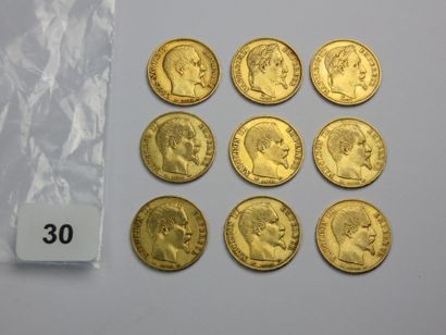 Monnaies or - Lot de 9 x 20 Francs Napoléon...