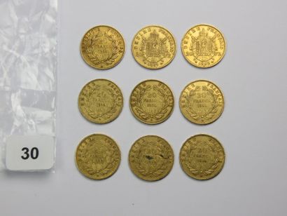 Monnaies or - Lot de 9 x 20 Francs Napoléon...
