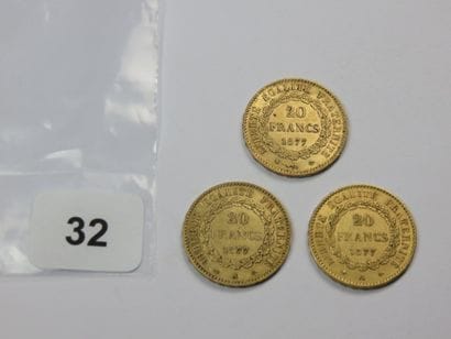 Monnaies or - Lot de 3 x 20 Francs Génie...