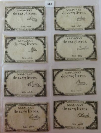 Assignats - Lot de 8 assignats de Cinq Livres...