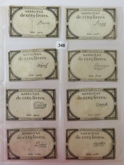 Assignats - Lot de 8 assignats de Cinq Livres...