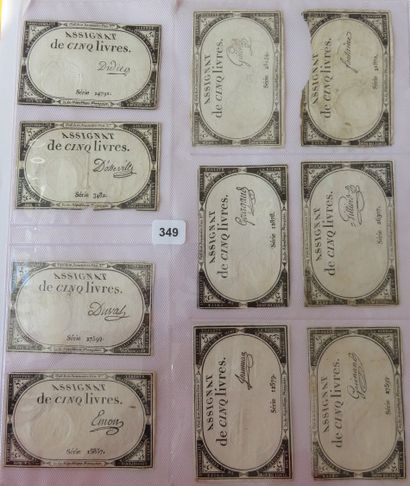 Assignats - Lot de 10 assignats de Cinq Livres...