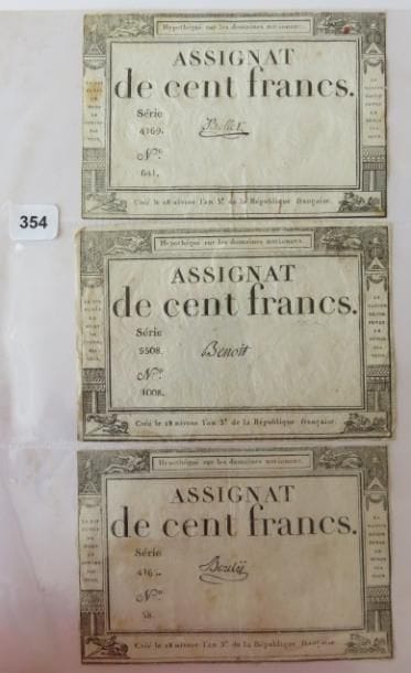 Assignats - Lot de 3 assignats de 100 Francs...