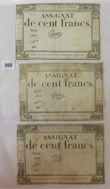 Assignats - Lot de 3 assignats de 100 Francs...