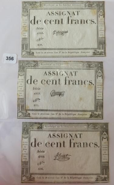 Assignats - Lot de 3 assignats de 100 Francs...