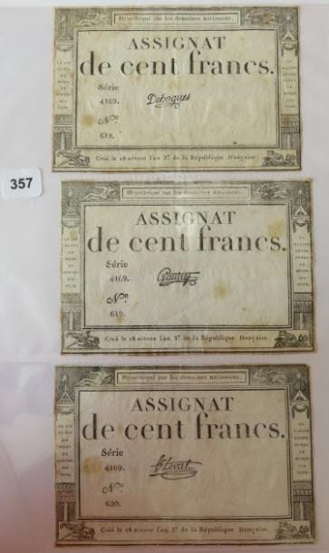 Assignats - Lot de 3 assignats de 100 Francs...