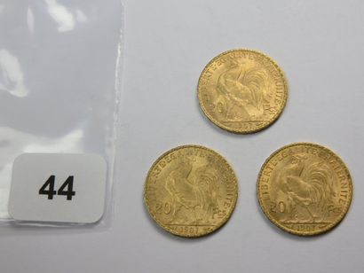 Monnaies or - Lot de 3 x 20 Francs Coq 1907...
