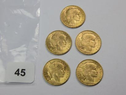 Monnaies or - Lot de 5 x 20 Francs Coq 1907...