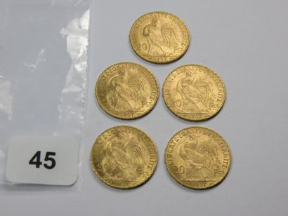 Monnaies or - Lot de 5 x 20 Francs Coq 1907...