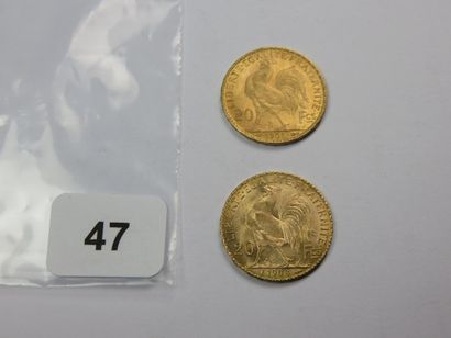 Monnaies or - Lot de 2 x 20 Francs Coq 1908...