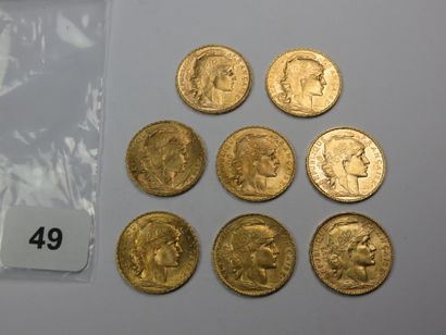 Monnaies or - Lot de 8 x 20 Francs Coq 1909...