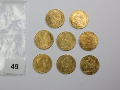 Monnaies or - Lot de 8 x 20 Francs Coq 1909...