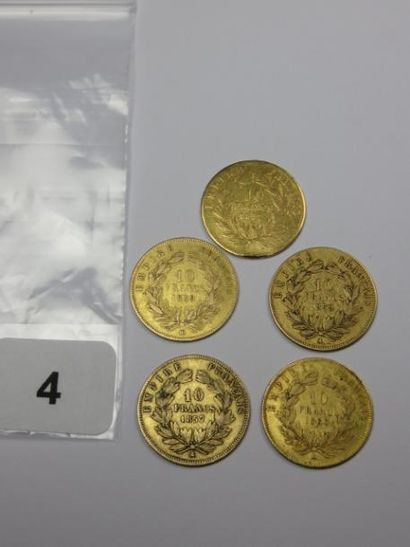 Monnaies or - Lot de 5 x 10 Francs Napoléon...