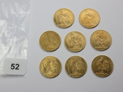 Monnaies or - Lot de 8 x 20 Francs Coq 1911...