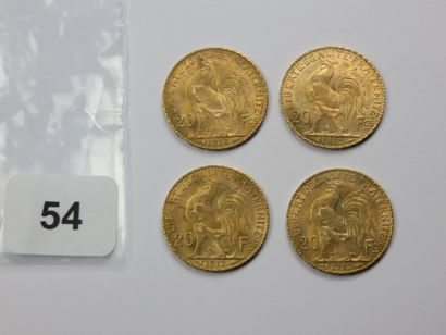 Monnaies or - Lot de 4 x 20 Francs Coq 1912...