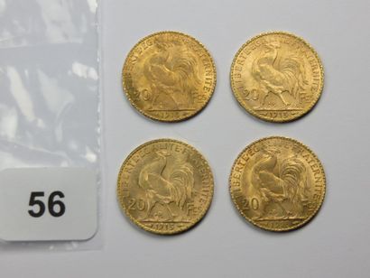 Monnaies or - Lot de 4 x 20 Francs Coq 1913...
