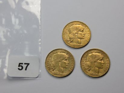 Monnaies or - Lot de 3 x 20 Francs Coq (1910,...
