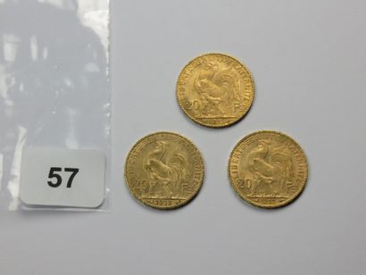 Monnaies or - Lot de 3 x 20 Francs Coq (1910,...