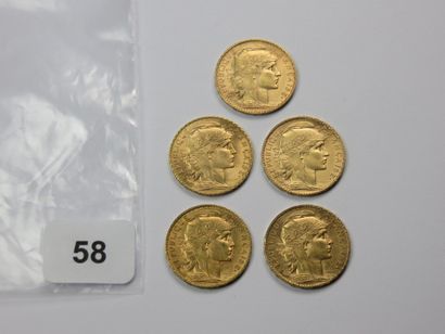 Monnaies or - Lot de 5 x 20 Francs Coq (1902,...