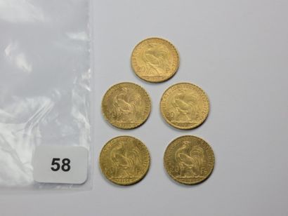 Monnaies or - Lot de 5 x 20 Francs Coq (1902,...
