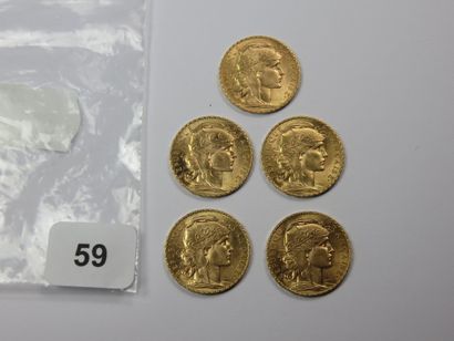 Monnaies or - Lot de 5 x 20 Francs Coq (2...
