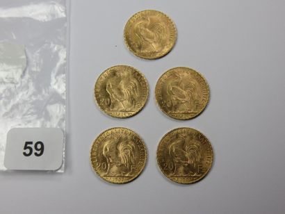 Monnaies or - Lot de 5 x 20 Francs Coq (2...