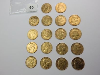 Monnaies or - Lot de 18 x 20 Francs Coq TTB...