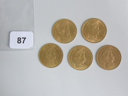 Monnaies or - Pays-Bas - Lot de 5 x 10 Gulden...