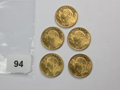 Monnaies or - Suisse - Lot de 5 x 20 Francs...