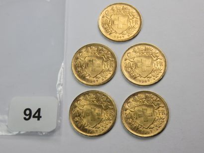 Monnaies or - Suisse - Lot de 5 x 20 Francs...