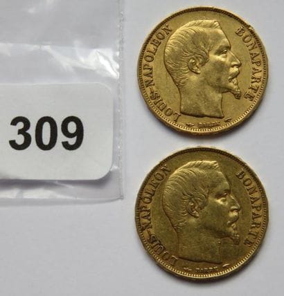 Monnaies or - Lot de 2 x 20 Francs Louis-Napoléon...