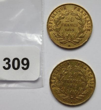 Monnaies or - Lot de 2 x 20 Francs Louis-Napoléon...