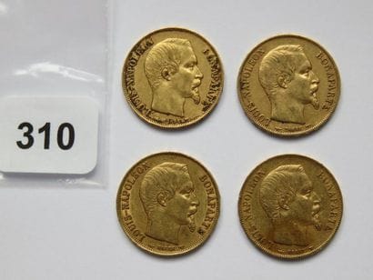 Monnaies or - Lot de 4 x 20 Francs Louis-Napoléon...