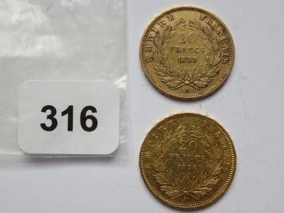 Monnaies or - Lot de 2 x 20 Francs Napoléon...