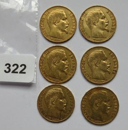 Monnaies or - Lot de 6 x 20 Francs Napoléon...