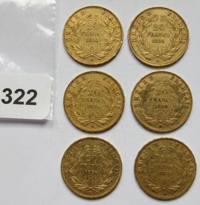 Monnaies or - Lot de 6 x 20 Francs Napoléon...