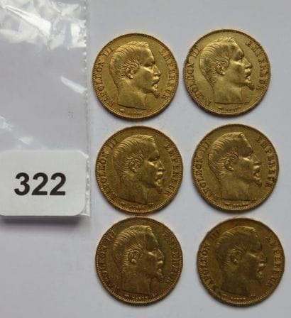 Monnaies or - Lot de 6 x 20 Francs Napoléon...