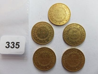 Monnaies or - Lot de 5 x 20 Francs Génie...