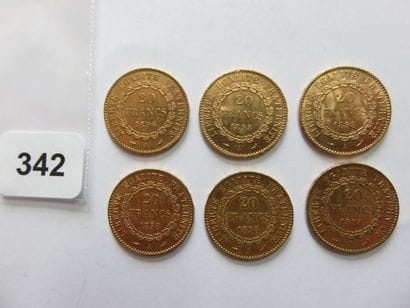 Monnaies or - Lot de 6 x 20 Francs Génie...