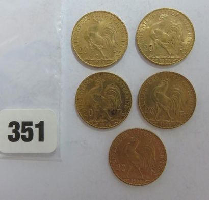 Monnaies or - Lot de 5 x 20 Francs Coq 1908...
