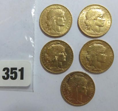 Monnaies or - Lot de 5 x 20 Francs Coq 1908...